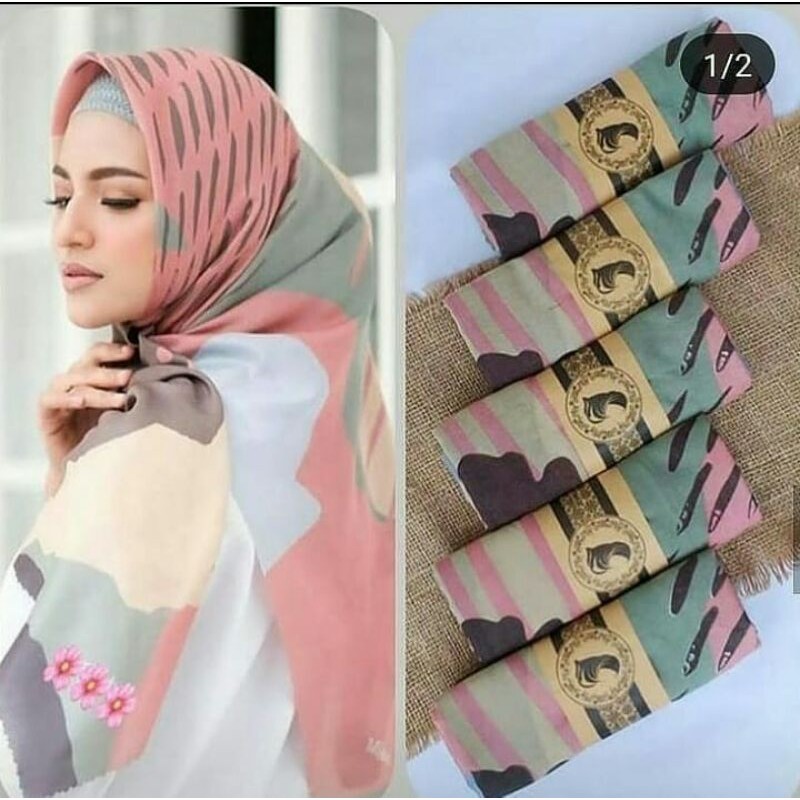 hijab segiempat motif Deenay pink casual
