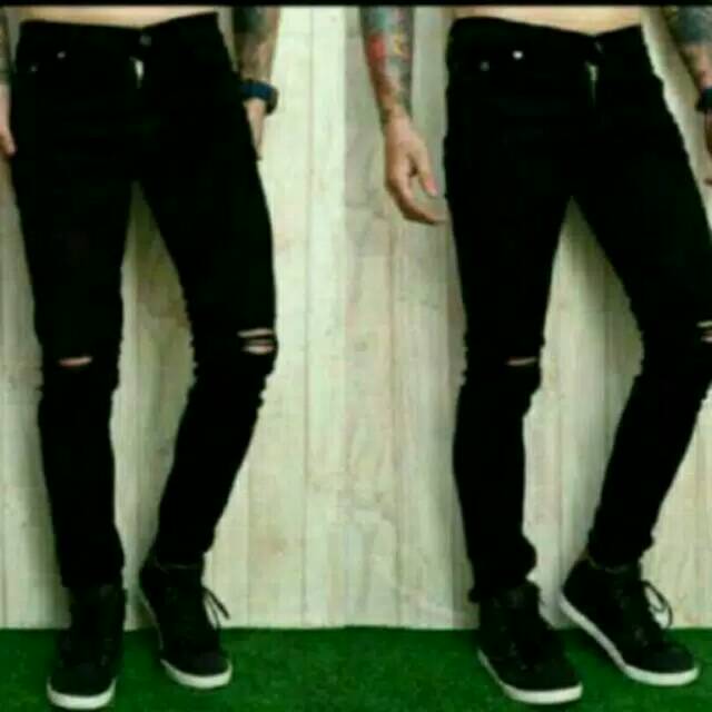 Jeans sobek pria celana jeans hitam sobek lutut pria ripped jeans street slimfit