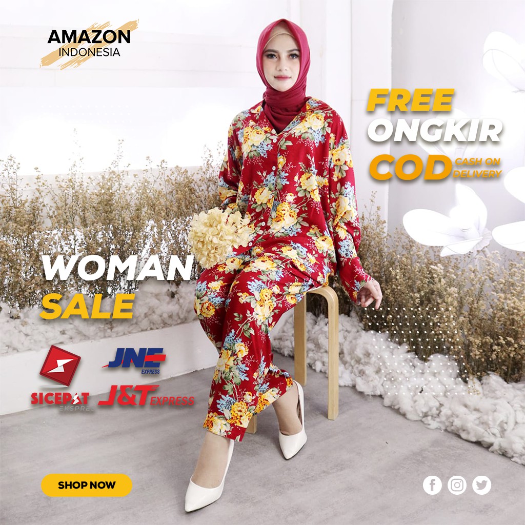 BAJU TIDUR WANITA PIYAMA MOTIF BUNGA PANJANG SATU SET WARNA MAROON BAHAN RAYON DINGIN ORIGINAL IMPOR