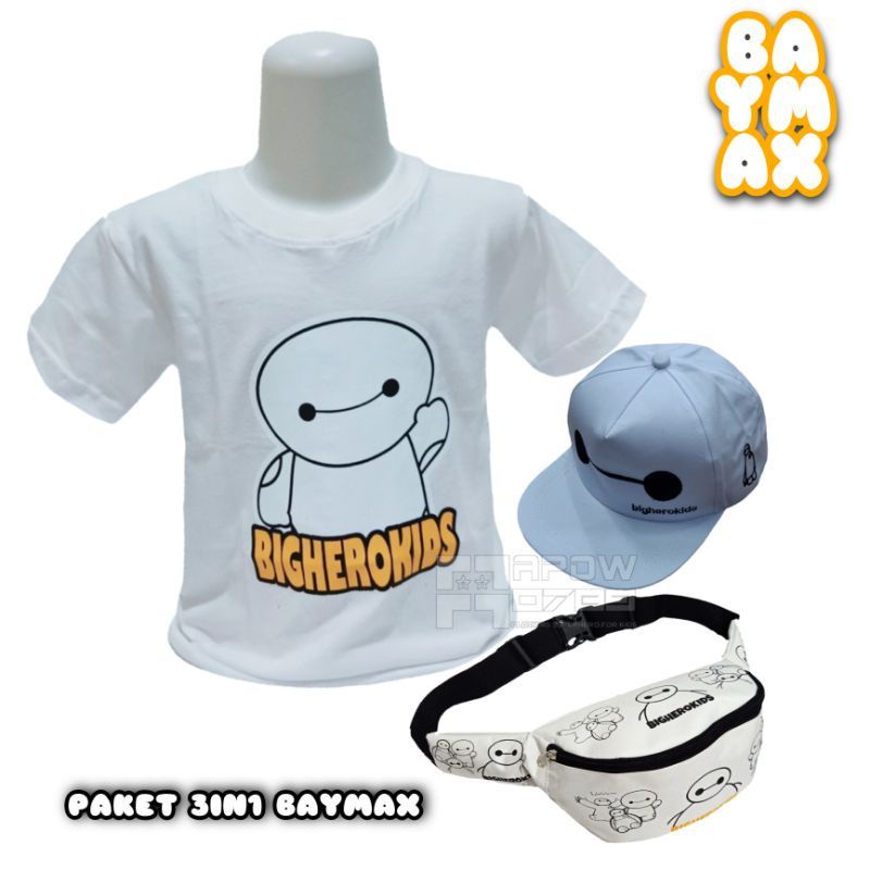 {BISA COD} Paket 3IN1 kaos Hoodie anak baymax / Tas Waistbag dan topi baymax