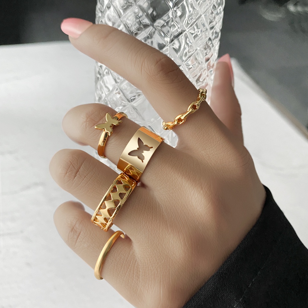 AY(CN) Set Cincin Desain Kupu-Kupu Hati Aksen Mutiara Warna Emas Dan Silver Gaya Korea Untuk Wanita