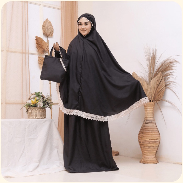 Mukena Dewasa Jumbo Bahan Katun Halus Polos Mix Renda Premium Terbaru - Hitam