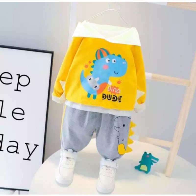 A559 Setelan Dino Anak Laki-laki Setelan Anak Cowok Baju Lengan Panjang Anak Cowok Celana Anak Kecil