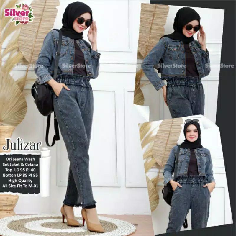 Julizar Set Setelan Baju Wanita Jaket dan Celana Jeans Setelan Outfit Kekinian Casual OOTD