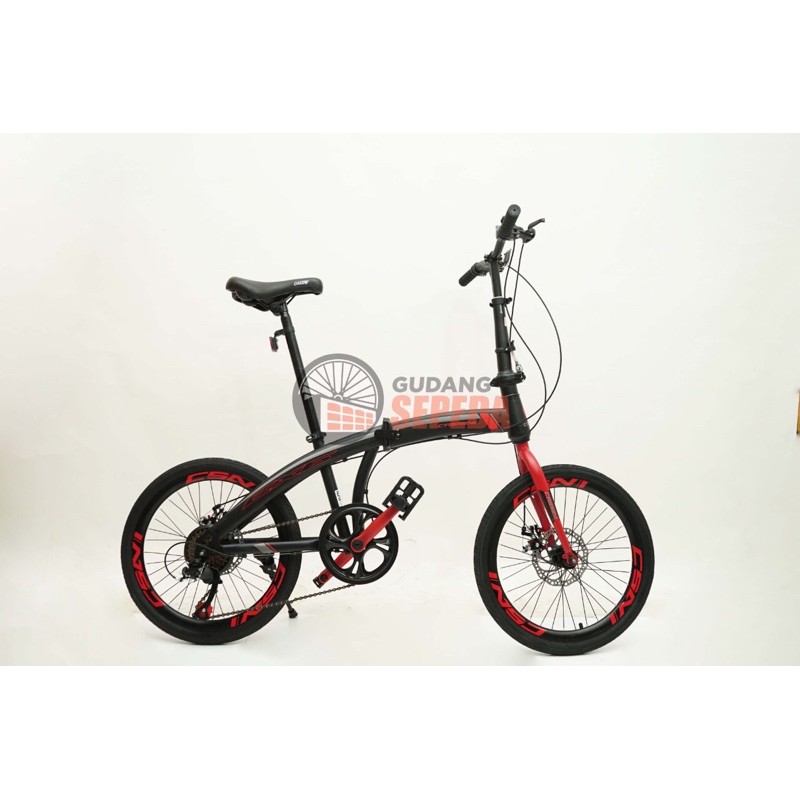 Khusus Gojek/Grab Instan Sepeda Lipat Trex Cassini 20 inch 7 speed SNI termurah COD kredit murah cakram rem mirip noris folding-Black - Red