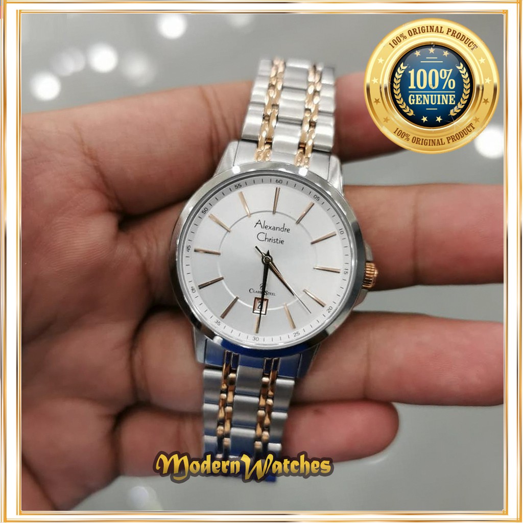Jam Tangan Original Wanita Alexandre Christie AC 8636 Silver Rosegold Dual Tone Rantai Klasik Terbar