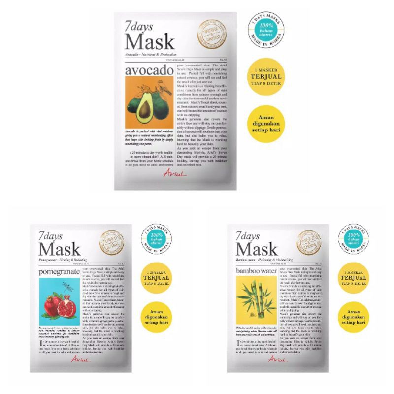 (ORI BPOM 100%) Ariul 7days Sheet Mask Aloe Pomegranate Bamboo