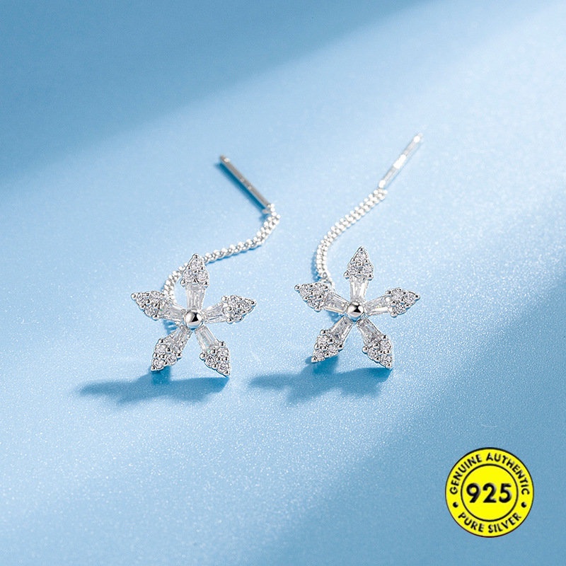 Anting Tusuk Gantung Panjang Sterling Silver 925 Desain Bunga Hias Kristal Untuk Wanita U937