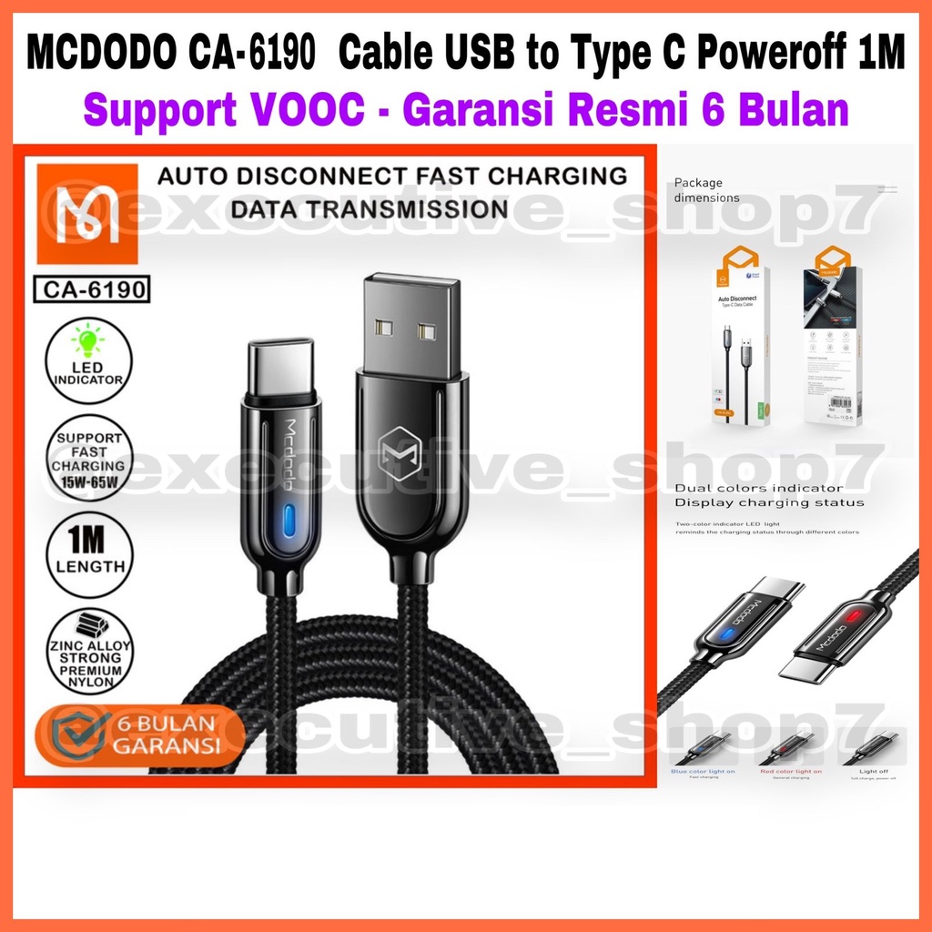 MCDODO CA-6190 Cable USB to Type C Poweroff 1M - Support VOOC - Garansi Resmi 6 Bulan