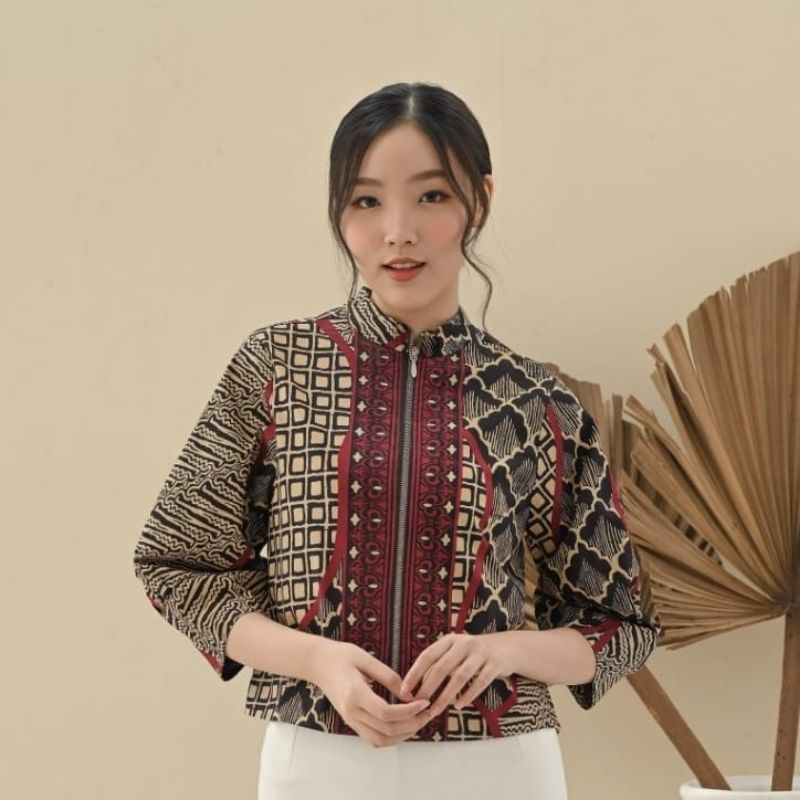 Size Jumbo : Jaket Bomber Batik / Jaket Batik Wanita /Outer Batik-Chocolate