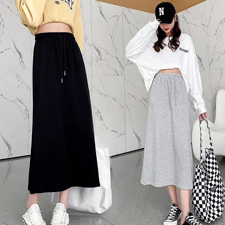 yikoo-Rok casual warna solid celah belakang skirt panjang wanita korea