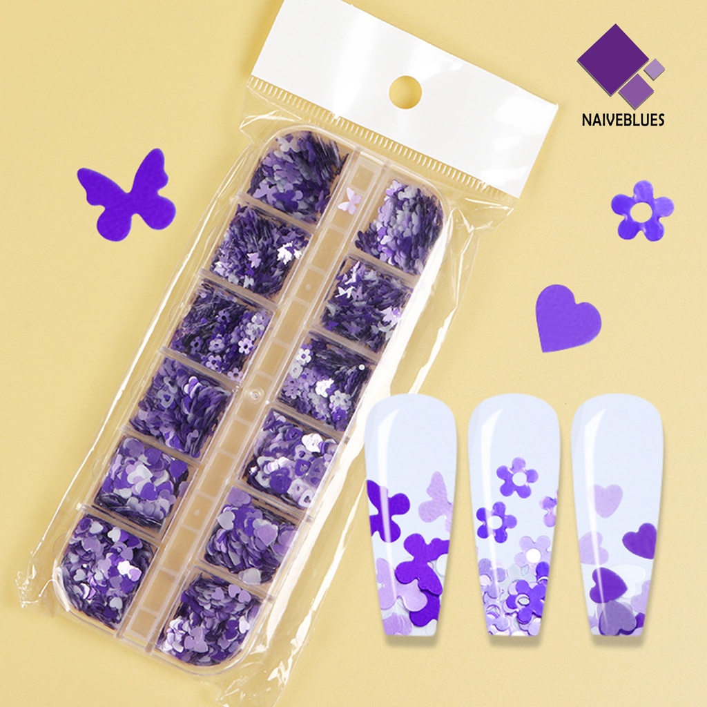 Naiveblue &gt; 12 Sekat / Set Hiasan Kuku Motif Bunga Plum Aksen Glitter Untuk Nail Art / Manicure