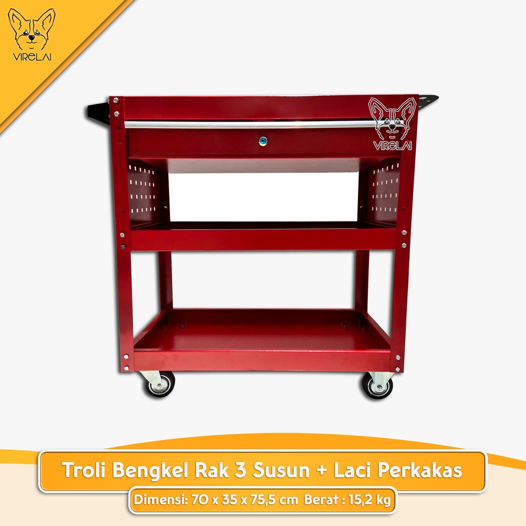 [Dengan Laci] Troli Bengkel Rak 3 Susun Perkakas Trolly Trolley