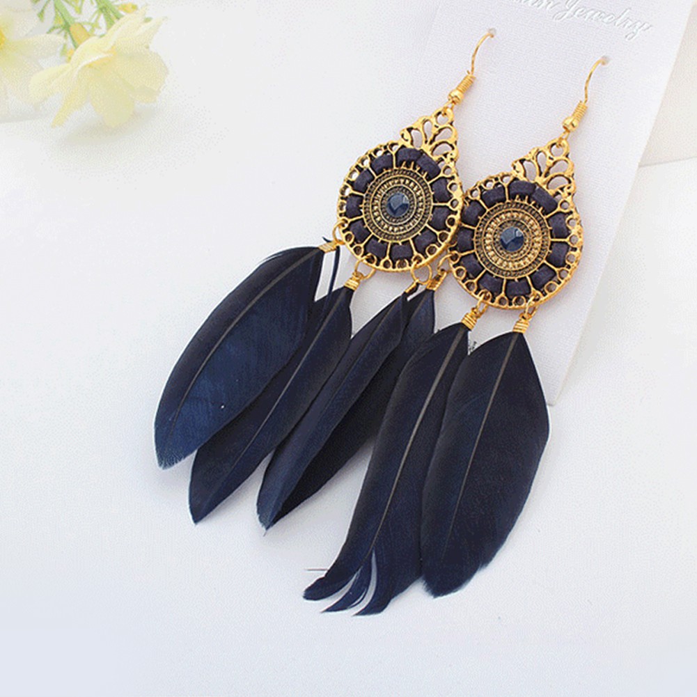 [Bayar Di Tempat]fashionBohemia Panjang Feather ed Round Hook Earrings Menjuntai Charm