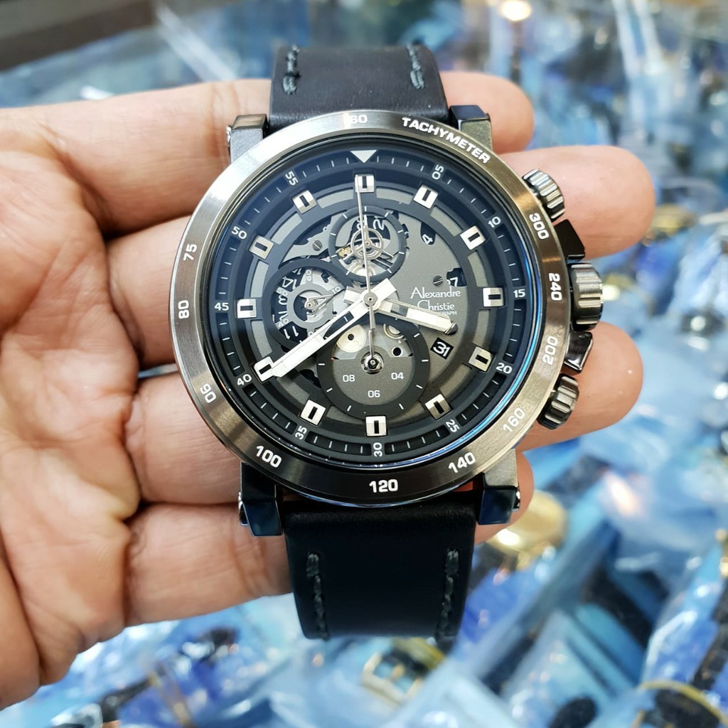 Jam original alexandre Christie AC 6429 pria stainless leather  full hitam