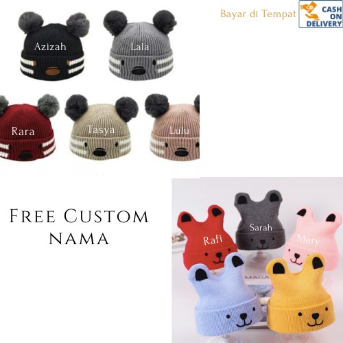 Free Custom Bordir Nama Kupluk Bayi / Anak Karakter Koala dan Doggy Usia 6 Bulan- 3 Tahun