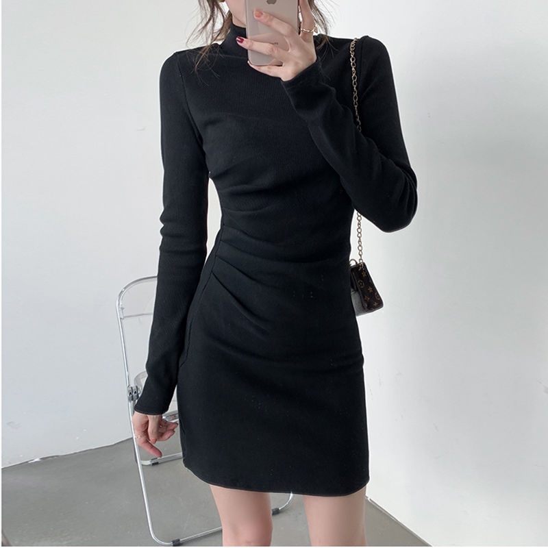 dress gaya korea hitam turtleneck beludru bottoming tas rok hip dress wanita pinggang ramping rok pe