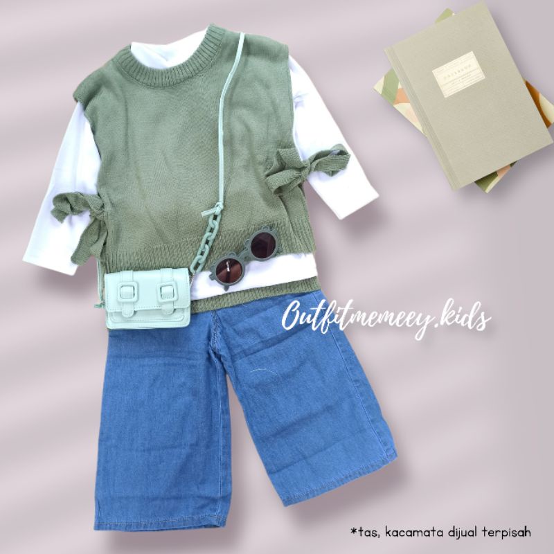 ONE SET KULOT JEANS + VEST RAJUT ANAK