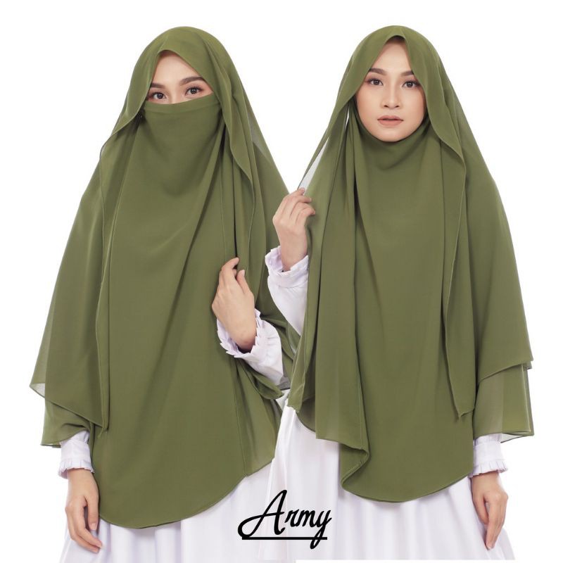 Jilbab Hijab Kerudung Bergo Instan French Khimar Cadar Tali Siti Aminah Niqab Syari Jumbo-Army