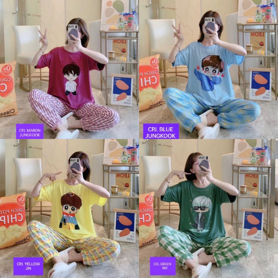 BAJU TIDUR BTS CUTE KARAKTER KAOS IMPORT SET CELANA PANJANG NEW