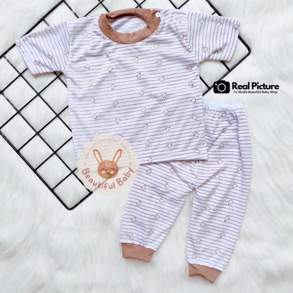 Setelan Baju Bayi Lengan Pendek Celana Panjang / Baju Bayi Pendek Motif Salur Beruang / Celana Bayi Pendek / Kaos &amp; Baju Anak Bayi Kancing Pundak / Baby.ou