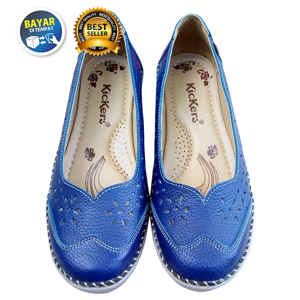 PROMO 4.4 MEGA SALE !! SEPATU WANITA DEWASA BALET KULIT SAPI ASLI BIRU KESET DI LANTAI / SAKIPO