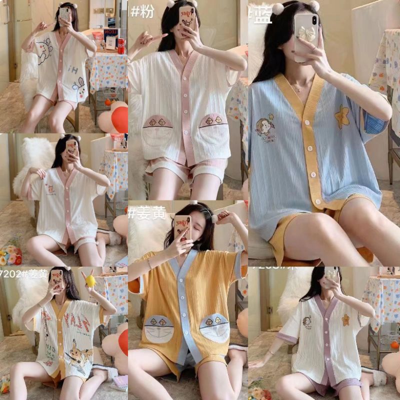 RULIF SET Baju tidur Korea | Piyama pendek Rib wanita / Baju tidur import kancing list