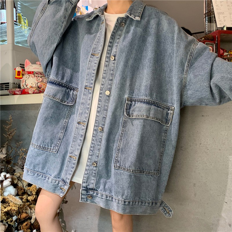 [chaoo.id]Jaket Denim Gaya Korea Jaket Lengan Panjang Retro Warna Solid Jaket denim wanita Korea style