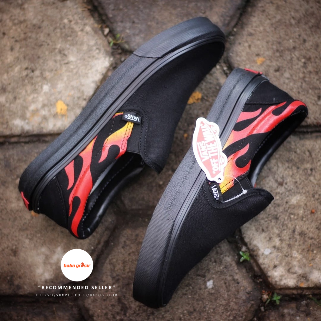 PROMO Sneakers Vans Slip On All Black Flame Red Premium (Motif Api), Sepatu Slip On Pria Wanita Import Quality, Tag Made in China, Waffle DT Anti Slip