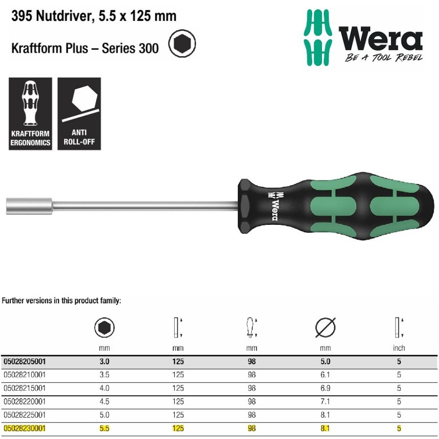WERA 05028230001 Obeng Socket Hex Nutdriver SW 5.5 x 125 mm Nut driver 5.5mm