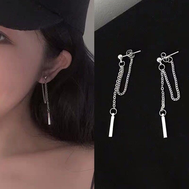 Anting Rantai Gantung rumbai fashionable warna perak Baja Titanium gaya Korea