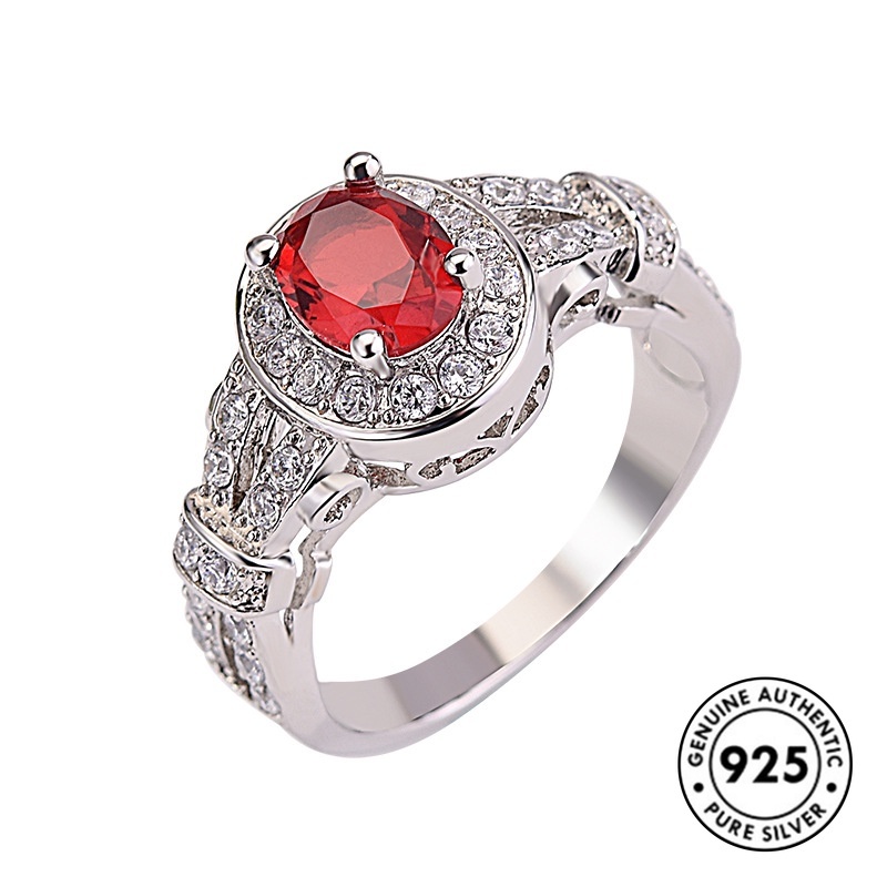 Cincin Sterling Silver 925 Dengan Ruby + Berlian Imitasi Untuk Wanita