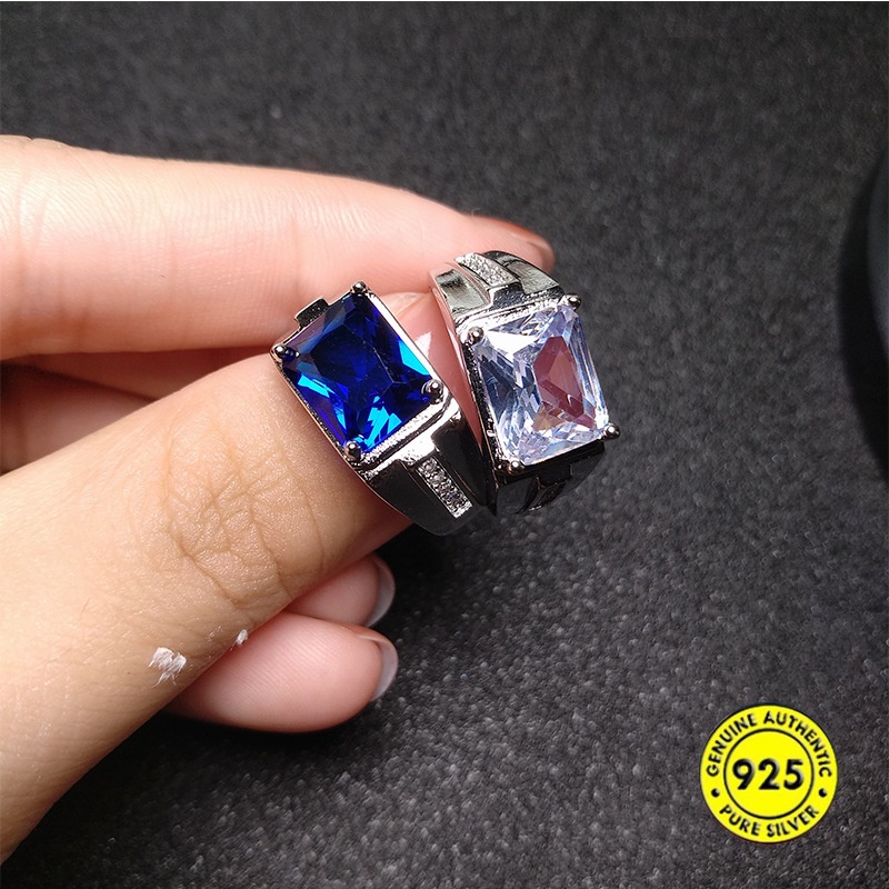 Cincin Model Terbuka Adjustable Bahan S925 Silver Sapphire Untuk Pasangan