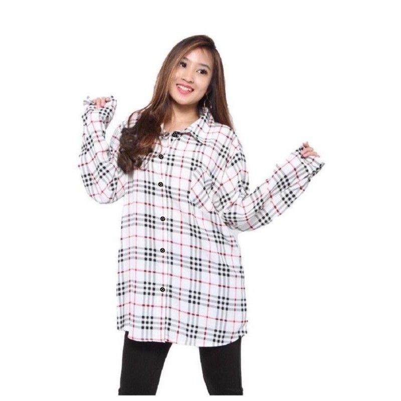 Kemeja Wanita Basic Lengan Panjang Katun Kotak XL-XXL/ Atasan Wanita-Putih