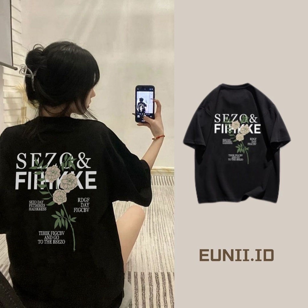 EUNII T-shirt Lengan Pendek Retro Bahasa Inggris Bunga Pencetakan Longgar Korean Style/Kaos Atasan Wanita/Baju Kaus Oversize Wanita