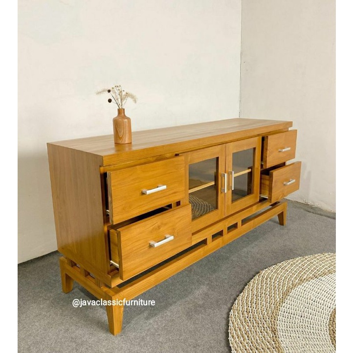 BUFET CUSTOM SCANDINAVIA KABINET TV RETRO LACI MINIMALIS KAYU JATI GRADE A BERKUALITAS FINISHING NATURAL UKURAN 150x45x75 PRODUKSI JEPARA-2