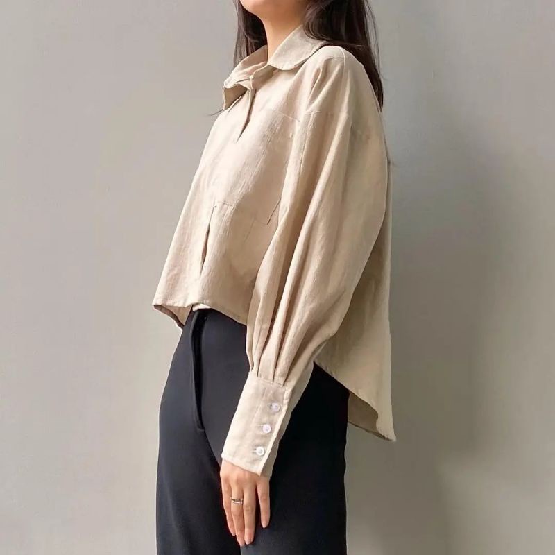 Davi Linen Shirt Kemeja Crop Linen Pocket Wanita Oversize Crop