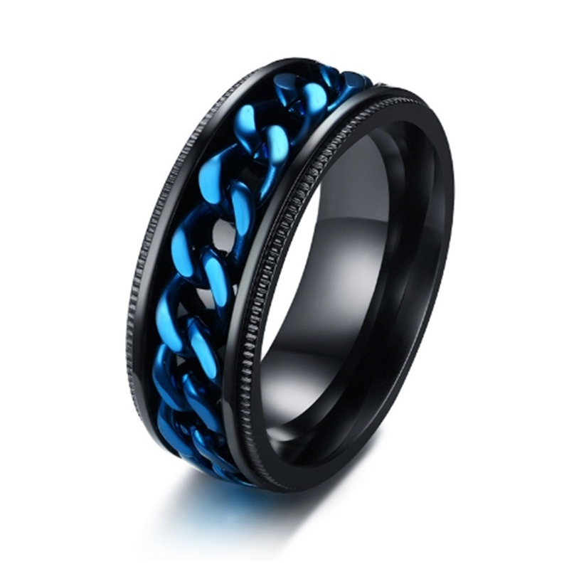 SEUSUK Men Black Rings Blue Center Curb Chain Spinner Ring Steel Reliever Wedding Band Male Jewelry