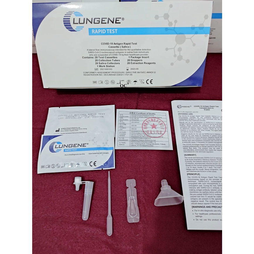 Alat rapid antigen swab SALIVA test covid 19 Metode sampel Airliur 1pcs SET komplate Merk Clungen 10