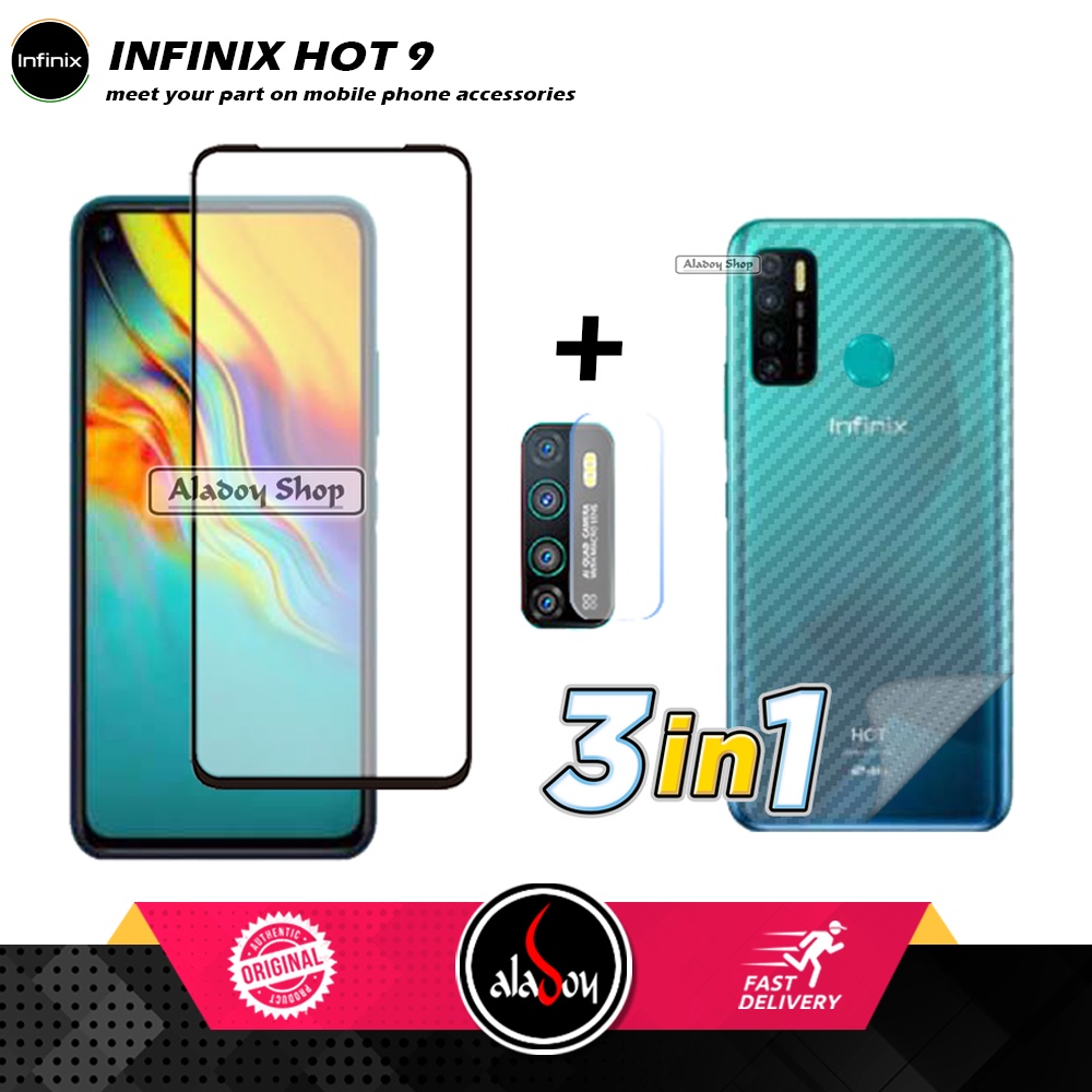 PAKET 3 IN 1 Tempered Glass Layar Infinix Hot 9 Free Tempered Glass Camera dan Skin Carbon