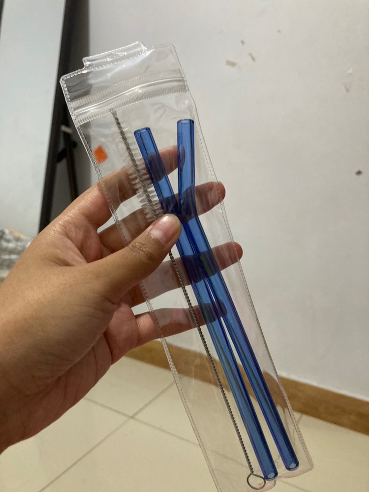 Sedotan Kaca Set 2 Pcs + 1 Sikat / Glass Straw 2 Piece With Brush And Clear Pouch