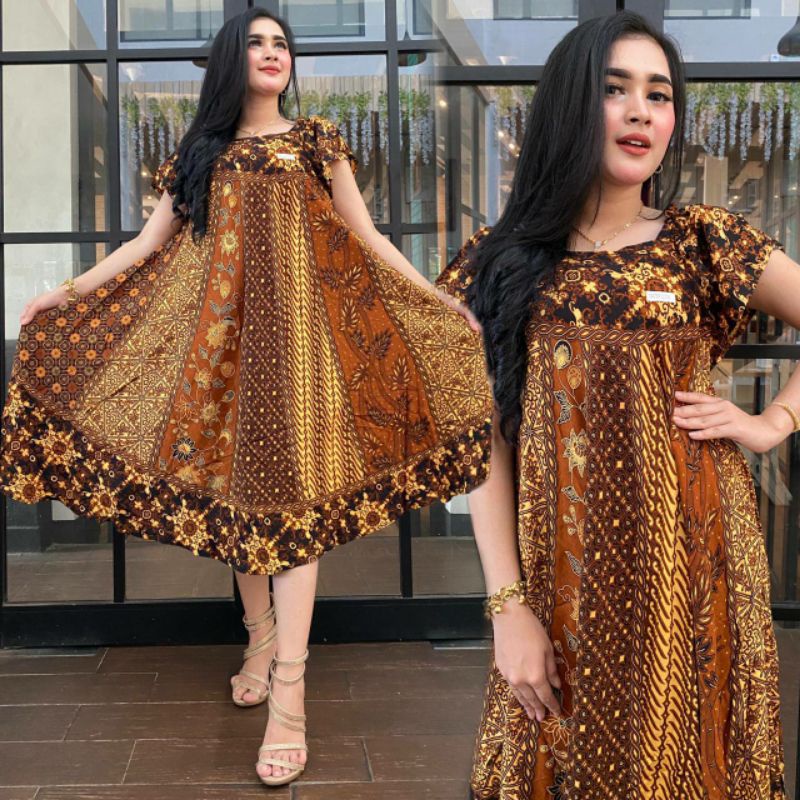 Daster payung daster serut motif batik monokrom bahan rayon premium daster kekinian dress wanita piyama dan baju tidur warna latte