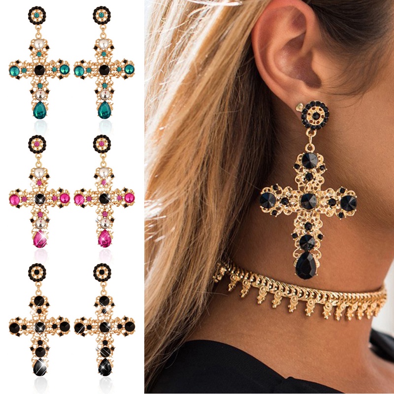 SIY  Elegant Cross Boho Women Lady Rhinestone Dangle Drop Rhinestone Ear Stud Earring