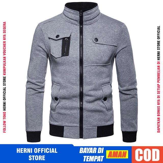 Jaket Pria Bahan Fleece Cotton Katun Tebal Import Original Cowok Casual Distro Keren Premium-ABU MUDA