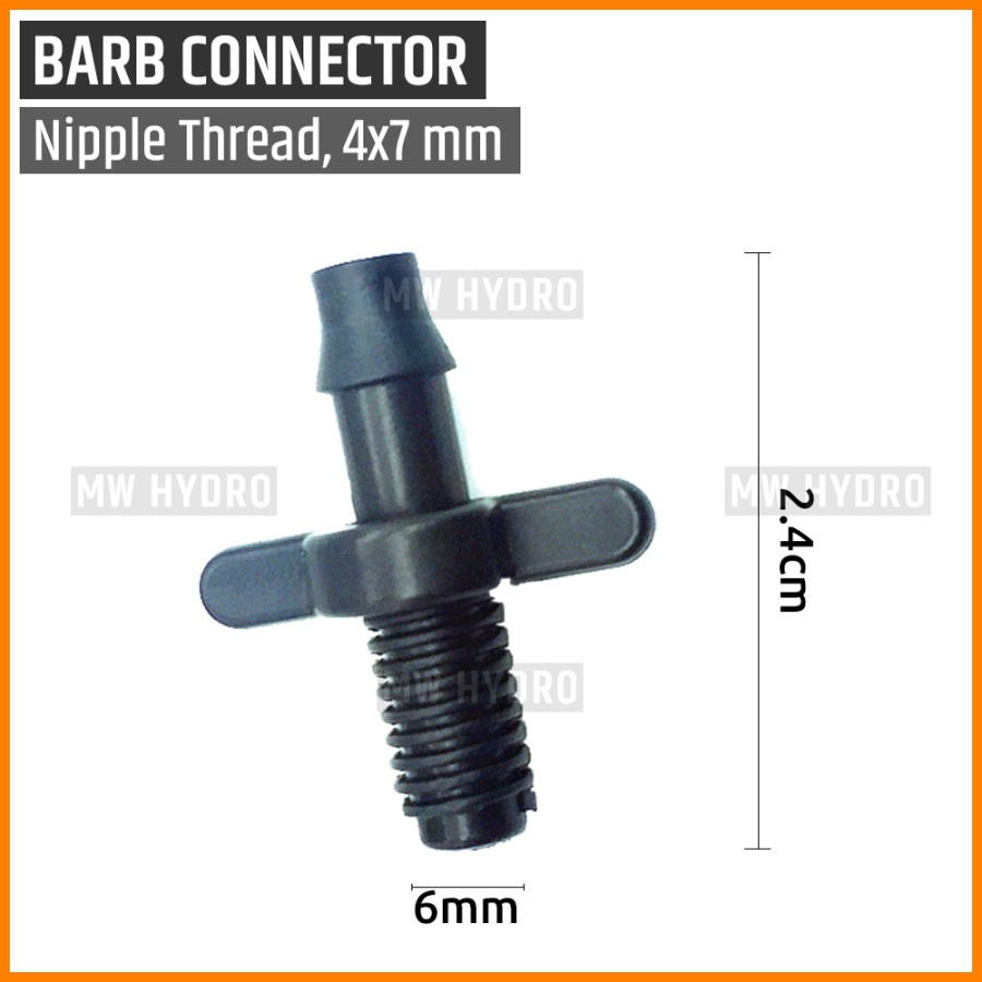 Barb Connector 7 mm - Male Thread 6 mm | Konektor Selang Irigasi Hidroponik - Drat Luar 6 mm / Nepel Ulir