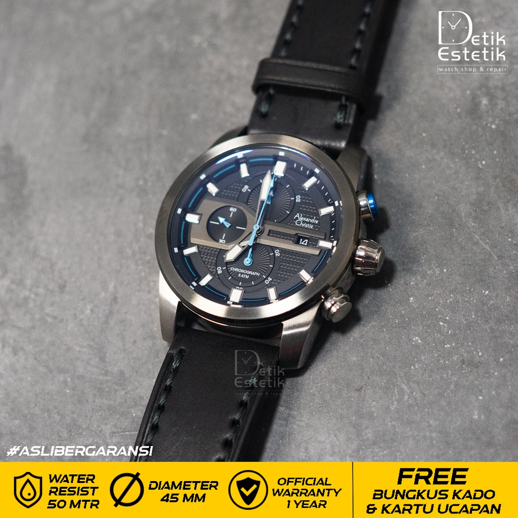 Jam Alexandre Christie AC 6562 Silver Leather List Blue Chronograph Original