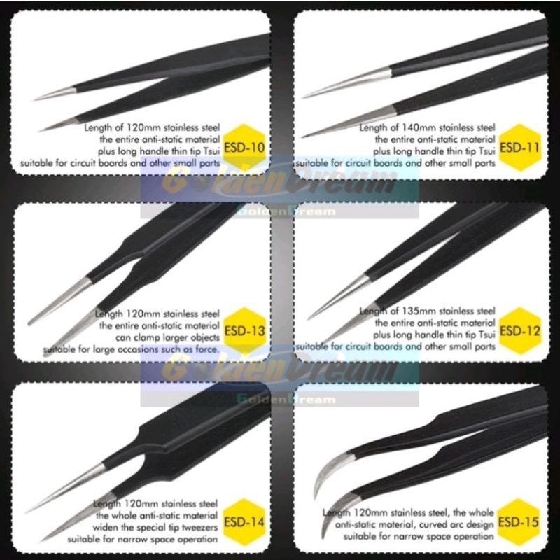 Pinset 6 pcs ESD Anti Static Tebal Stainless Steel Tweezer Statis Safe