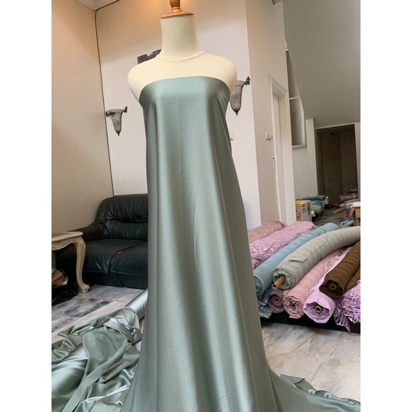 Kain Satin Saten Silk Meteran Bahan Bridesmaid Maxmara Original 100% Warna Ash Green Hijau Sage Muda