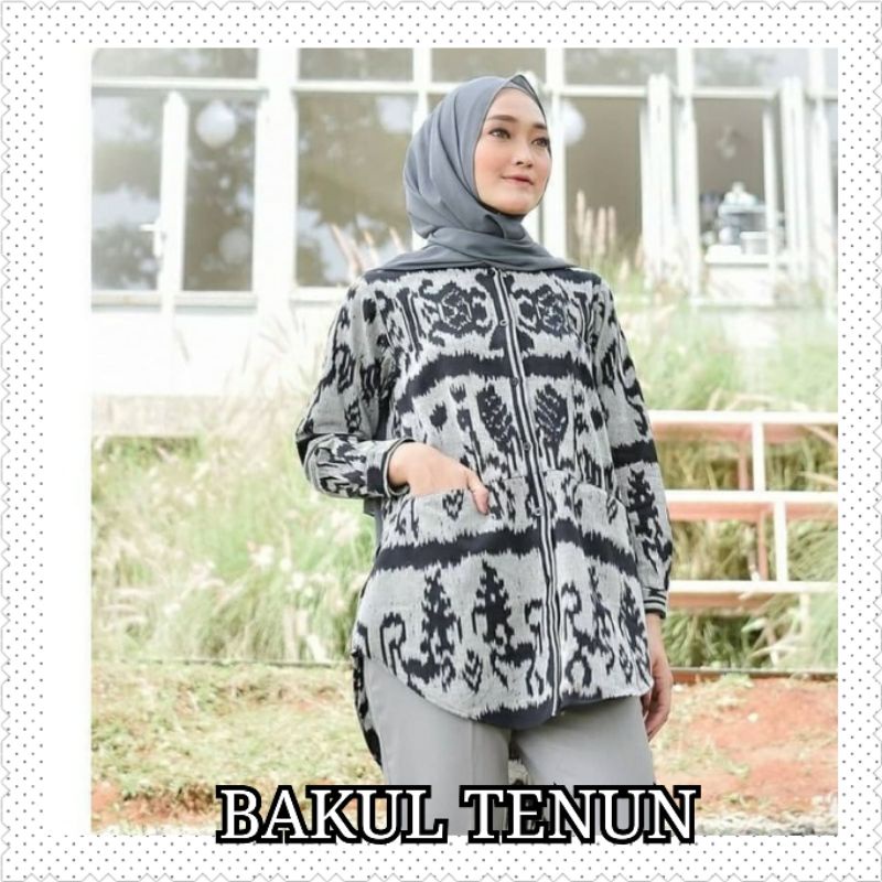 KEMEJA WANITA TENUN - BAJU TENUN - ATASAN TENUN MOTIF NTT AYAM ABU