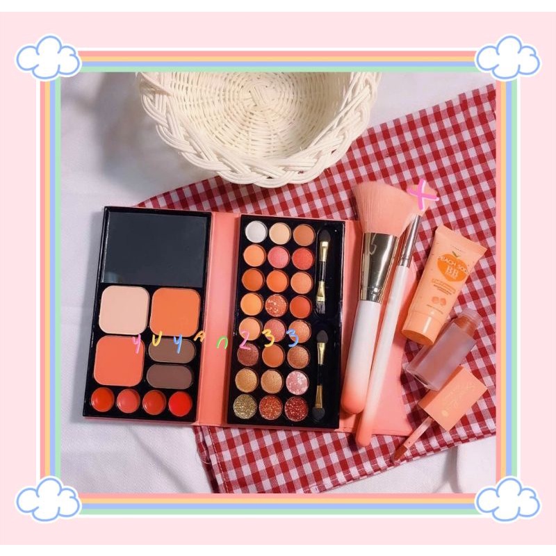 PROMO!!!PAKET MAKE UP PEACH EYESHADOW+LIP GLOSS+FOUNDATION FREE BRUSH TERBARU